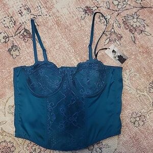 Sincerely Jules Jade Green Satin and Lace Corset Cami Bustier Crop Top - Size L